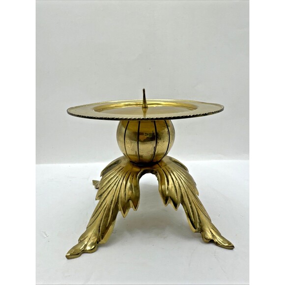 Vintage Mid Century Modern Leaf Lotus Large Brass Pillar Candle Holder 4.5 X4.5 - Picture 5 of 8